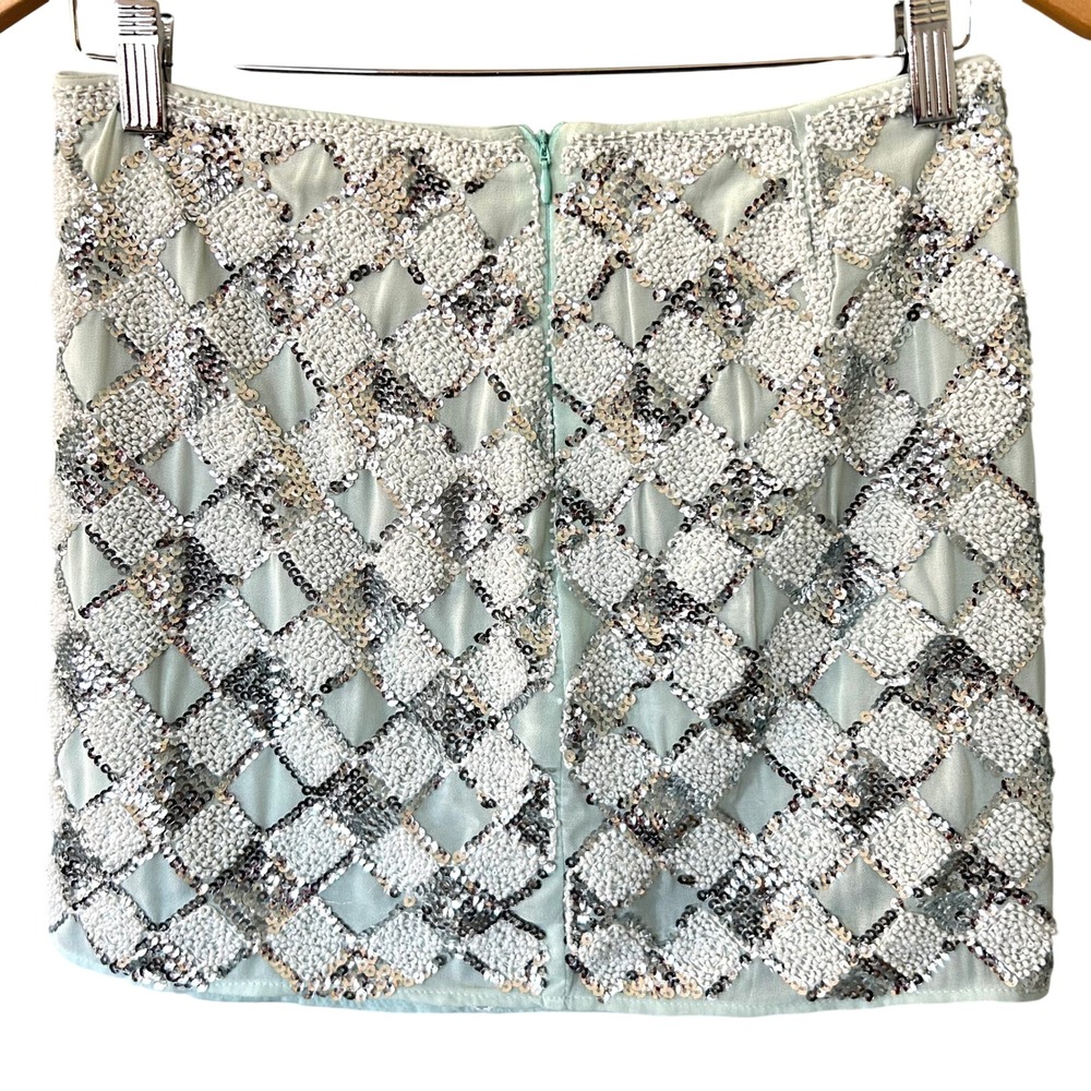 NWT Alessandro Miele English Rose Sequin Bead Mini Skirt Mint Silver Women's Sll